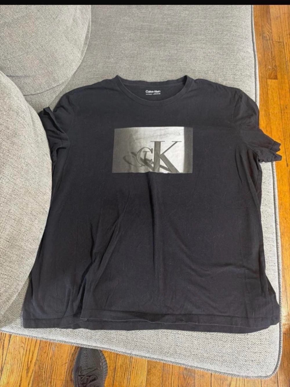 Calvin Klein Men's Black Tee with Metallic Silver CK Box Logo